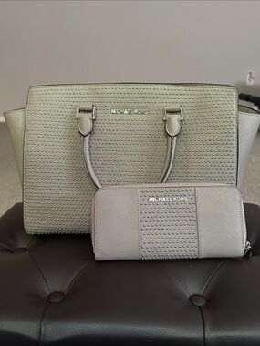 Michael Kors Light Gray Perforated Saffiano Tote with Matching Wallet